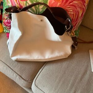White Leather Tote Bag with Brown Trim - Women Bags